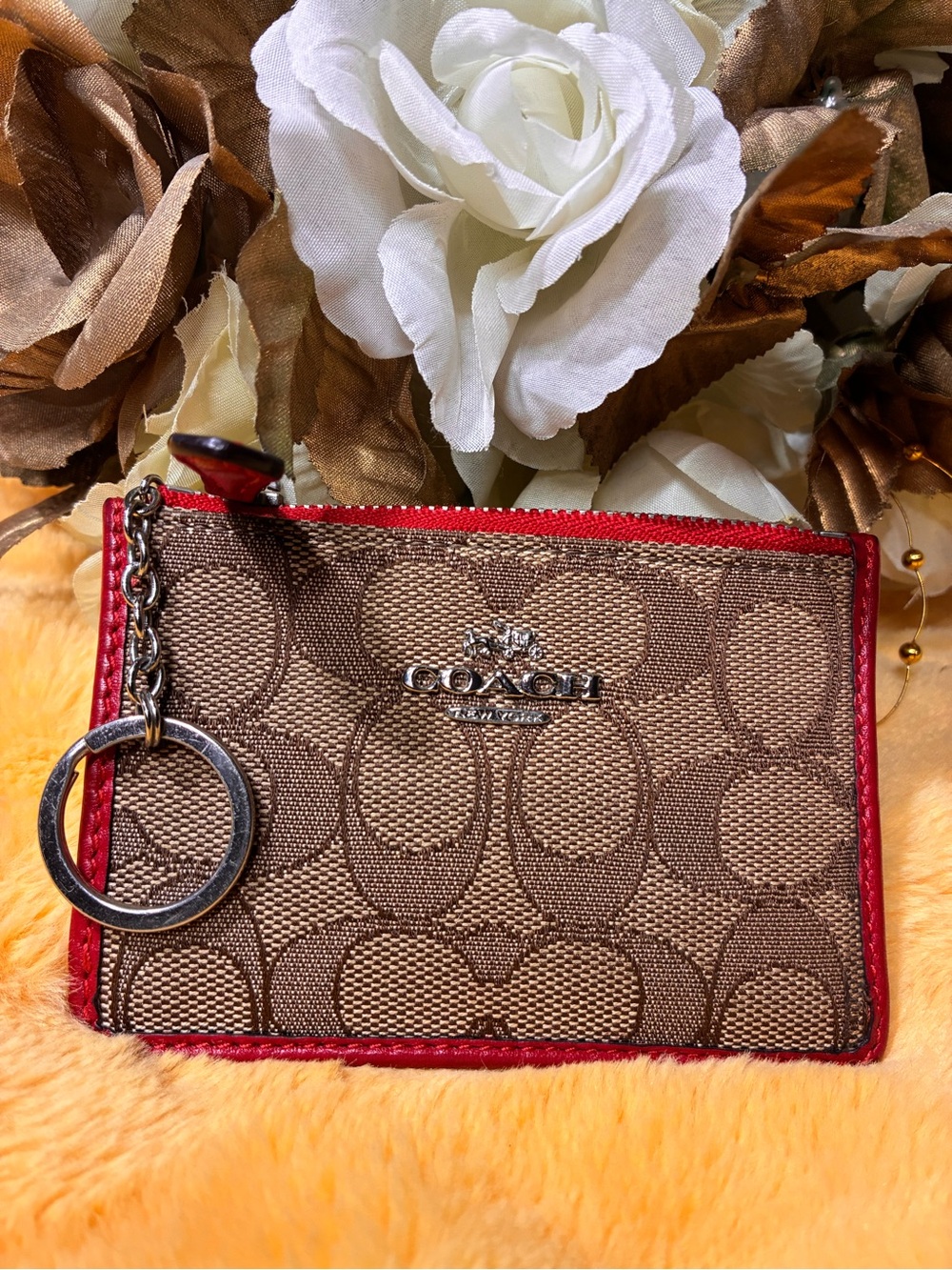 COACH Brown Signature Canvas Zip Card Case with Red Trim 2000’s style